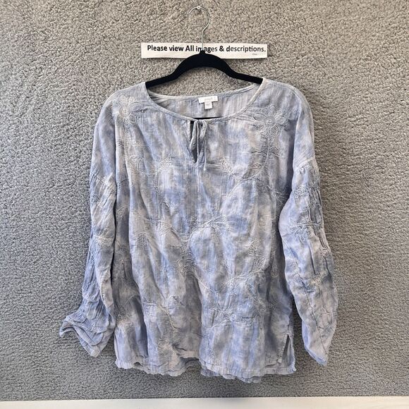 J. Jill Tops - Pure Jill J Jill Blue Tie Dye Embroidered Floral Roll Tab Sleeve Tunic Top Sz L